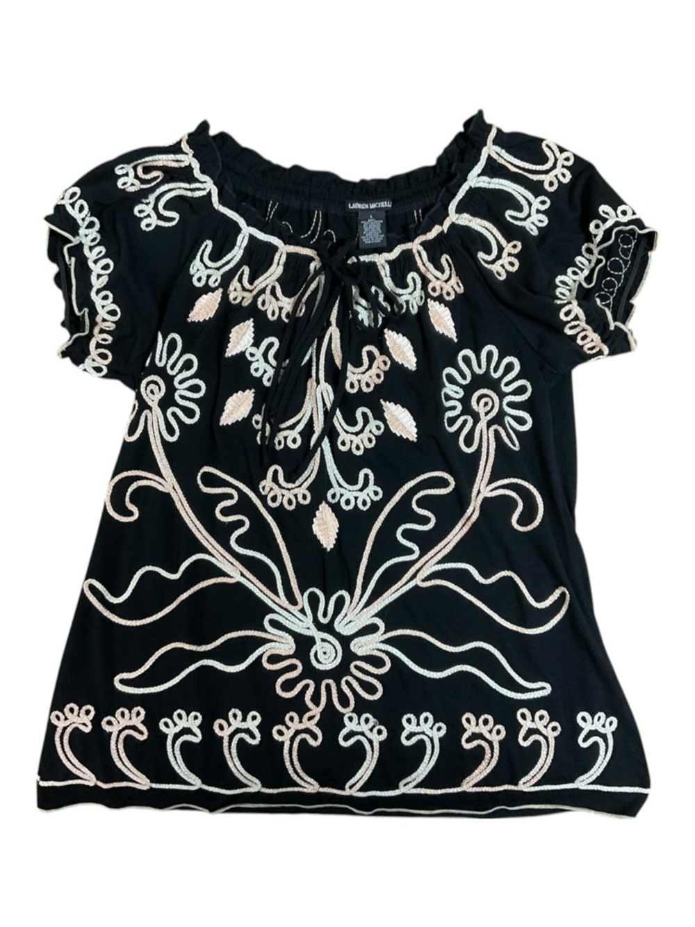 Lauren Michelle Women’s Boho Embroidered Top - Size L - Black/Cream Floral